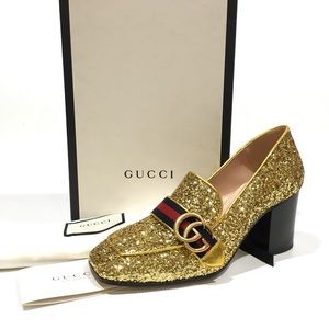 Gucci Glitter Web Peyton Loafer Pumps -Gold -US 8.5 -NEW